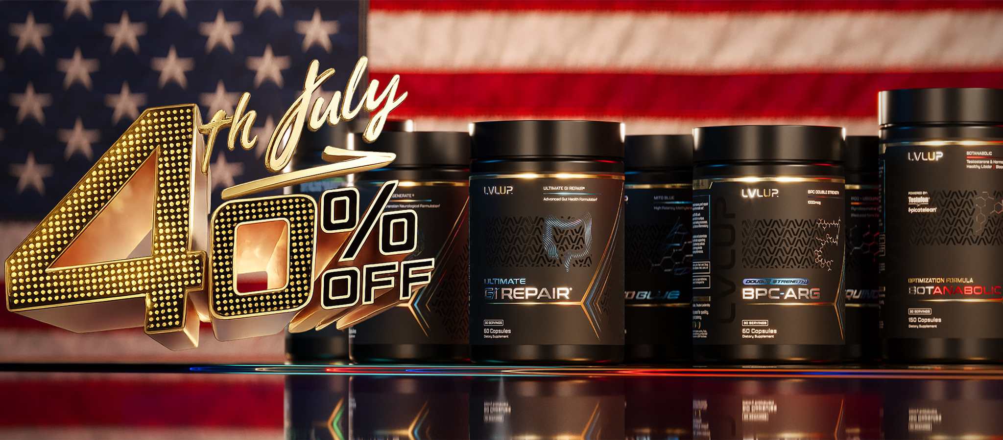 LVLUP products over an American flag for the July 4 sale